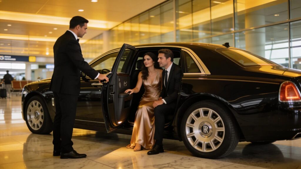 Luxury chauffeur service between Heathrow and Gatwick airports with a couple boarding a premium sedan