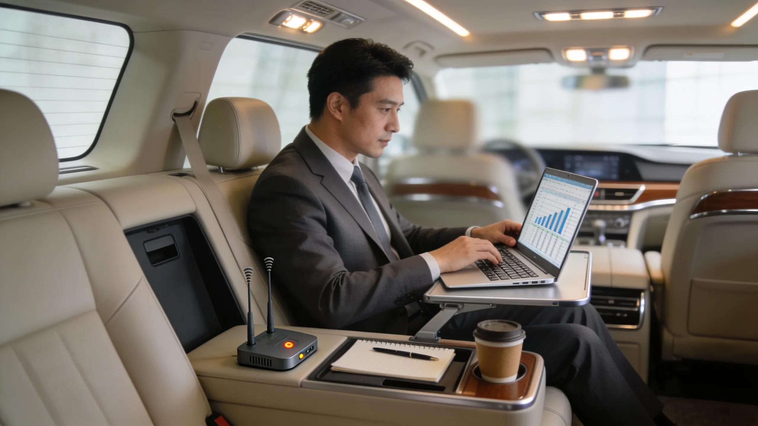 Corporate executive using a laptop in a luxury vehicle, illustrating productivity during travel