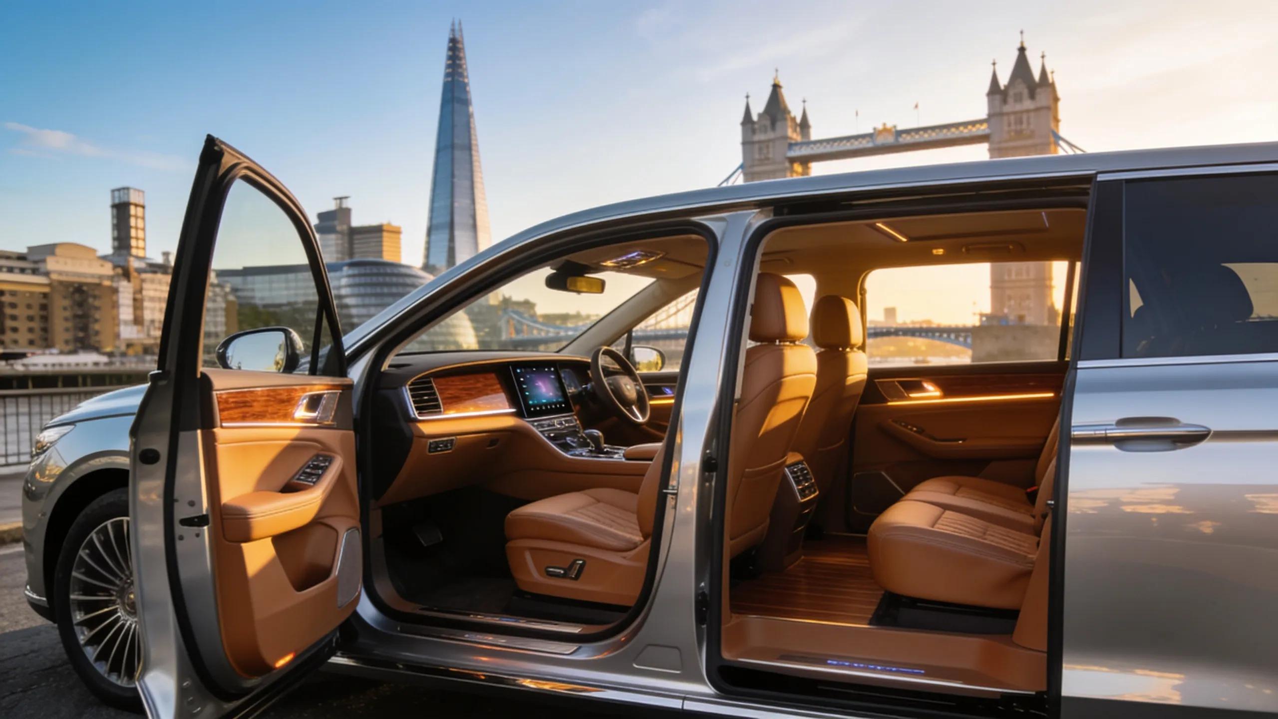 Interior view of a luxury sedan illustrating the comfort features of executive airport transfers in London