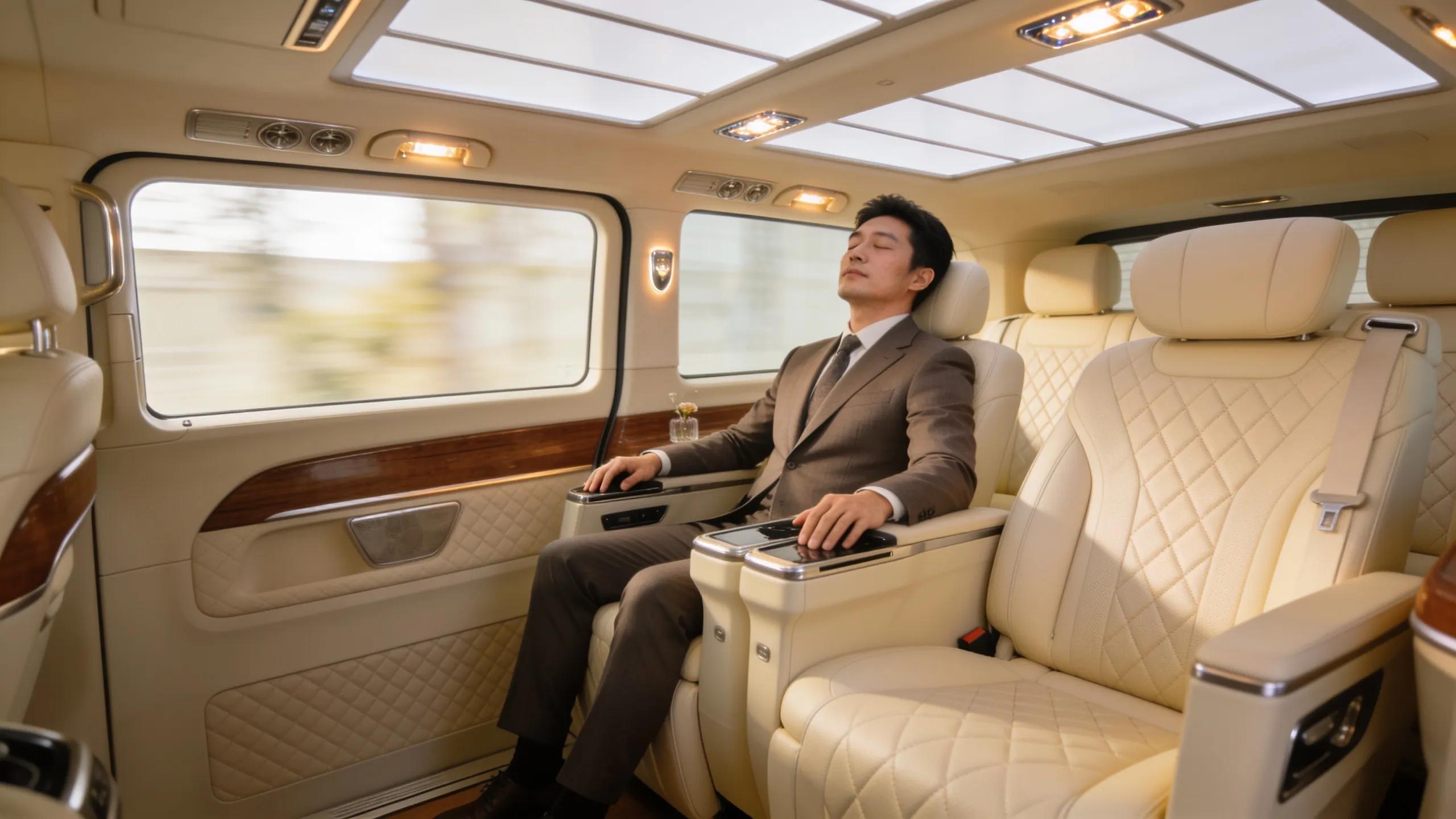 Interior of a luxury chauffeur vehicle highlighting comfort and premium travel experience