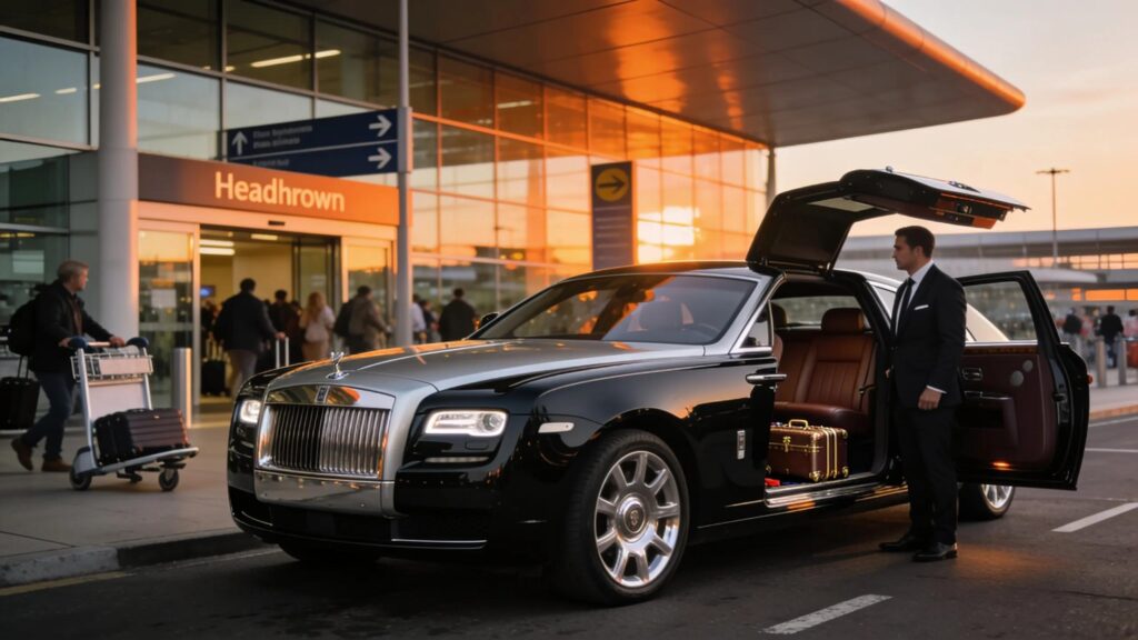 Luxury chauffeur-driven vehicle at Heathrow Airport highlighting premium travel experience