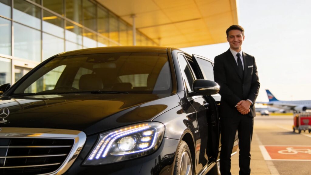 Luxury executive car with chauffeur at Heathrow Airport, representing high-quality travel services