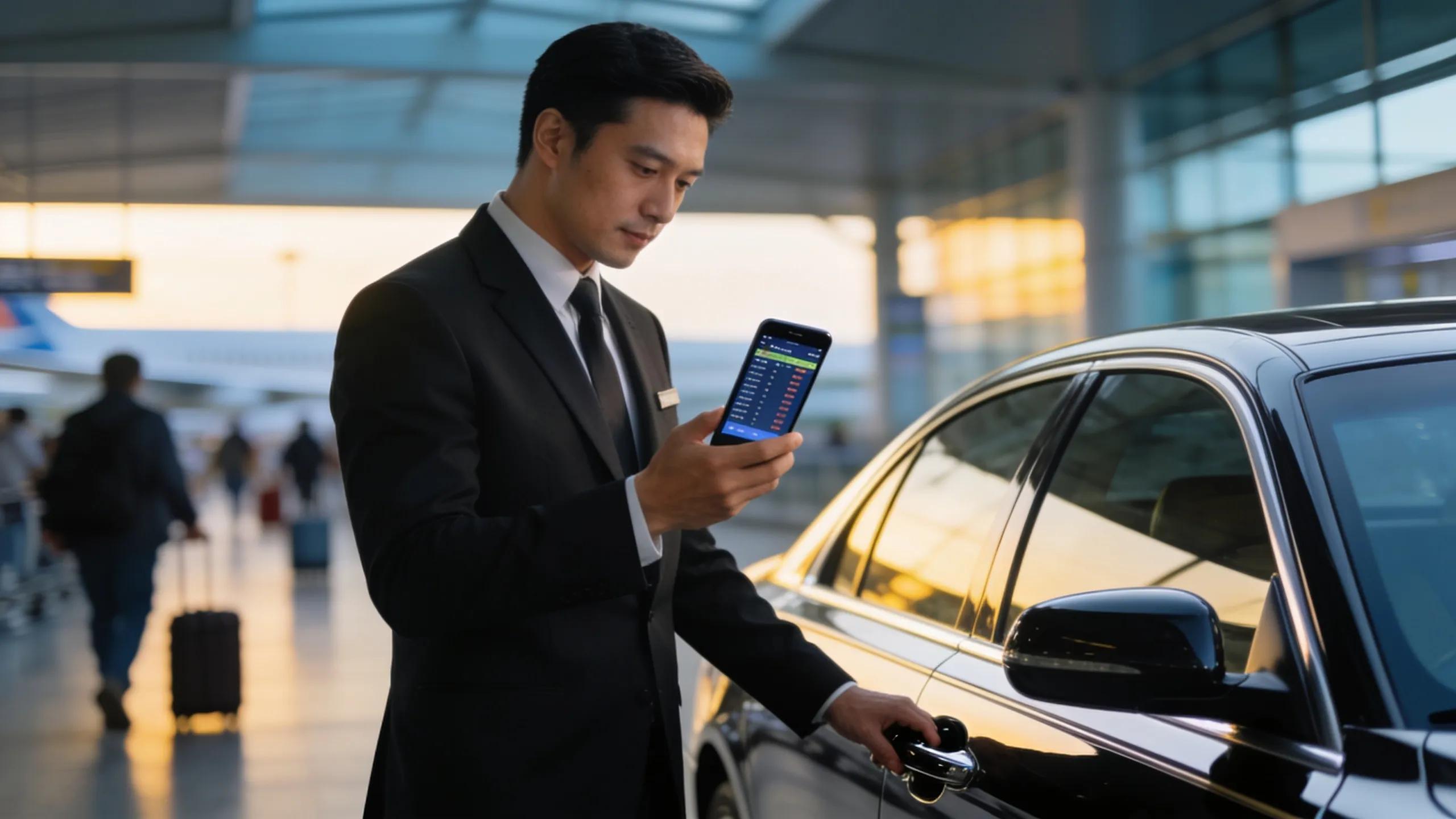 Chauffeur ensuring punctuality by checking flight status next to a luxury vehicle at the airport