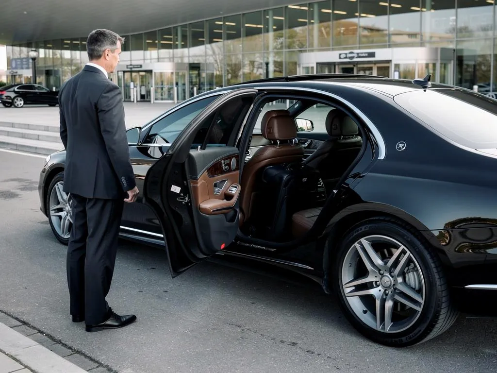 Chauffeur holding open the door of a black executive car