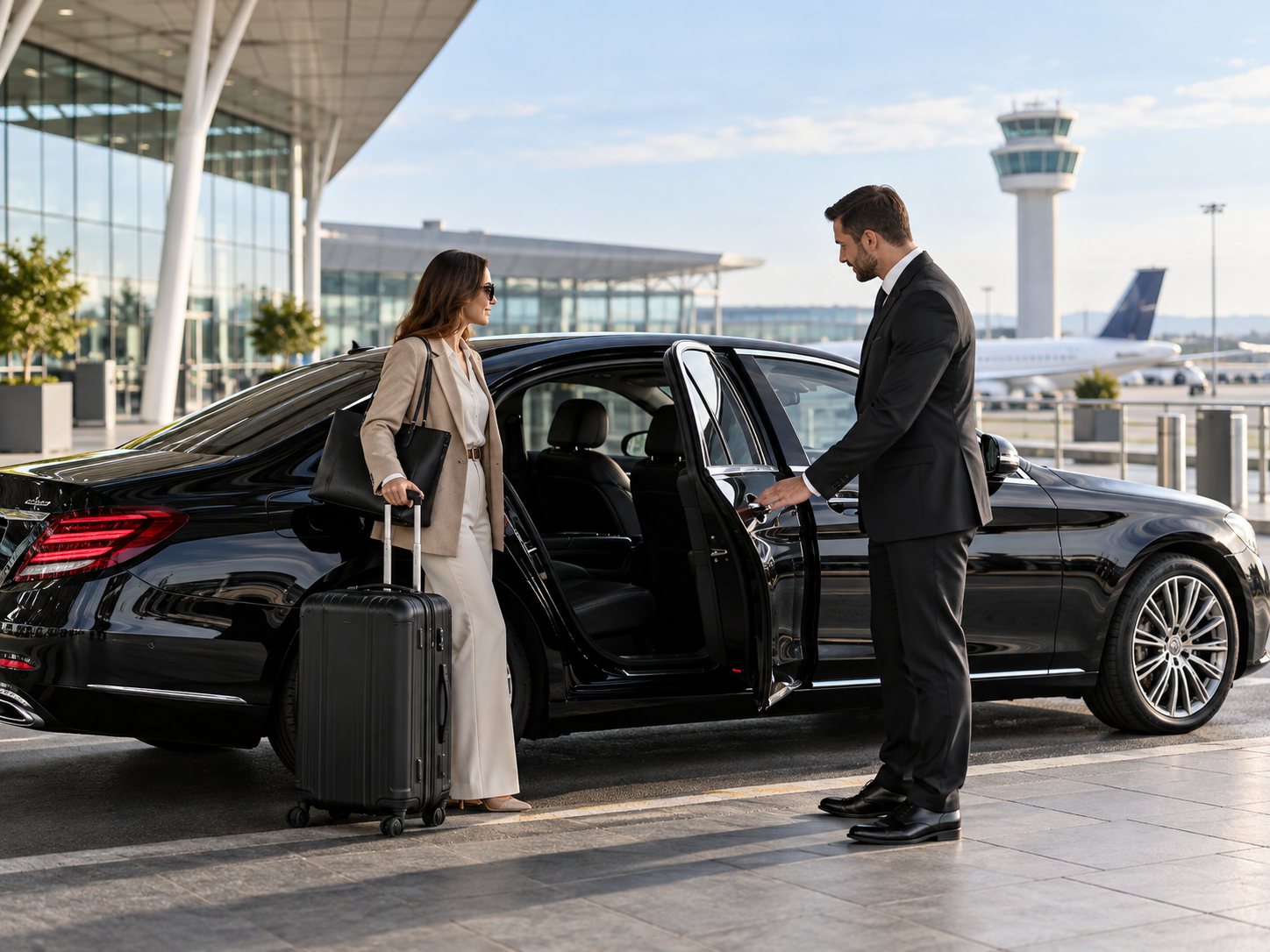 Illustration of chauffeur travel beside a private aircraft