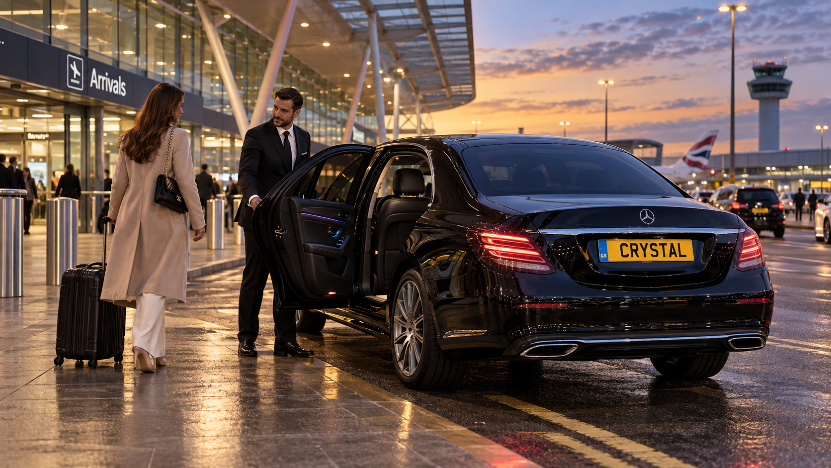 Illustration of a chauffeur assisting a traveller beside a black executive car at a UK airport arrivals area