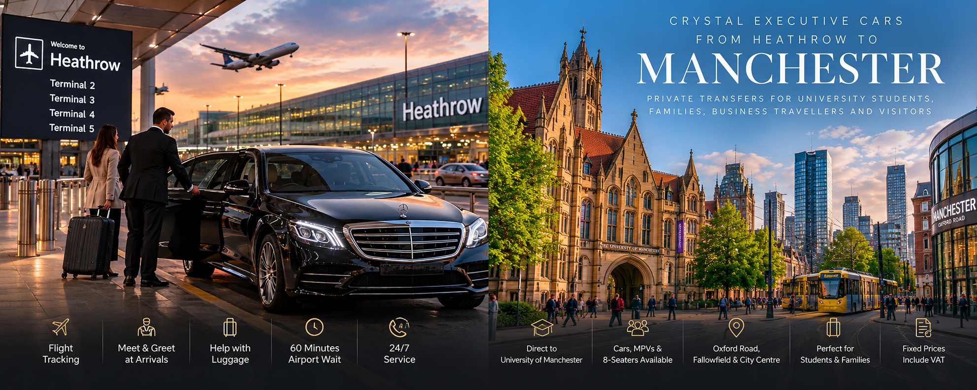 Crystal Executive Cars Heathrow to Manchester private transfer for University of Manchester students, families and visitors