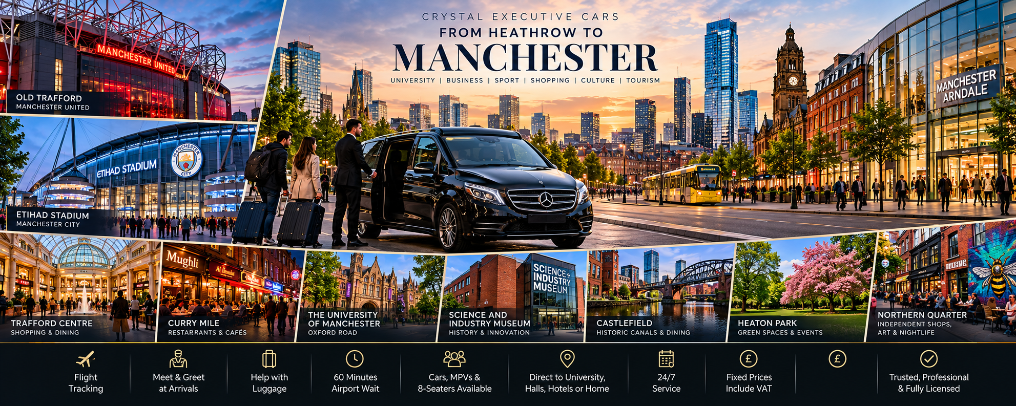 Manchester football stadiums, Trafford Centre shopping, Curry Mile, University of Manchester and city attractions with Crystal Executive Cars