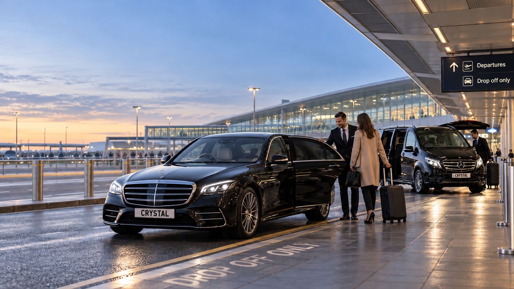 Illustration of professional airport chauffeur assistance with executive cars outside a UK airport terminal