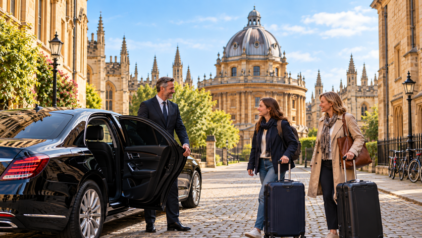 Chauffeur welcoming a University of Oxford student and family with luggage